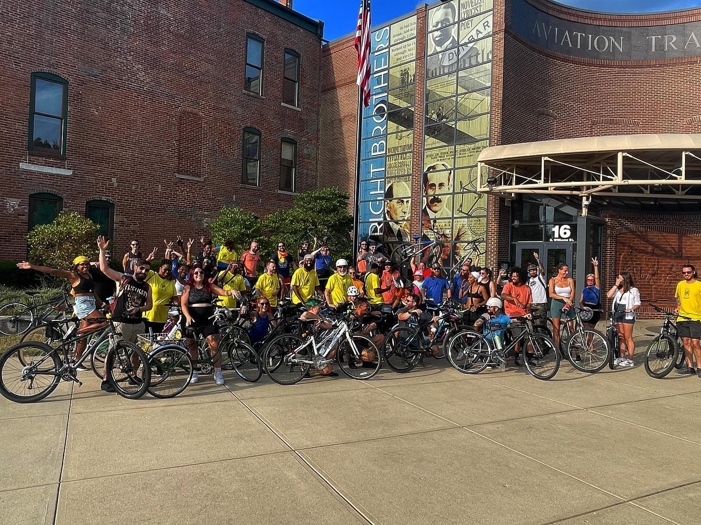 Dayton Bike Meet riders gathered outside the Wright Brothers building